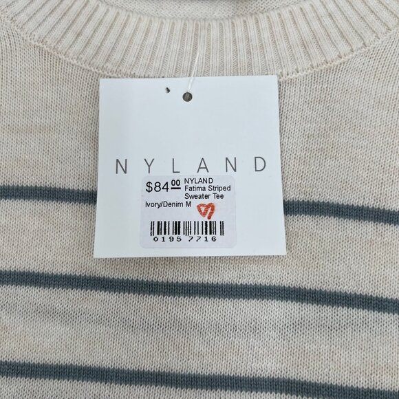 Nyland Cream & Blue Knit Striped Short Sleeve Sweater | Size M - Picture 9 of 9